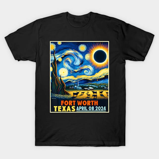 Fort Worth Texas Total Solar Eclipse 2024 Starry Night T-Shirt by SanJKaka